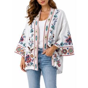Johnny Was Sicilia Cropped Linen Kimono Jacket Floral Embroidery Size XS